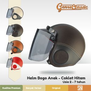 Helm Anak Bogo Classic Retro Kids Polos Kaca Flat / Kaca Datar COKLAT HITAM