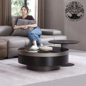 Bàn trà sofa bàn phòng khách bàn cafe nhập khẩu bàn đôi tròn hộp tủ vân gỗ đen cháy viền bạc