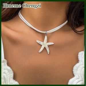Hmeme Boho Large Resin Starfish Pendant Choker Necklace For Women Trendy Multilayer Rope Chain Summer Beach Vacation Jewelry Gift