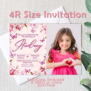 Pink Butterfly Flowers Girl Birthday Christening Invitation Card with Envelope - Personalized - Customized - 5r