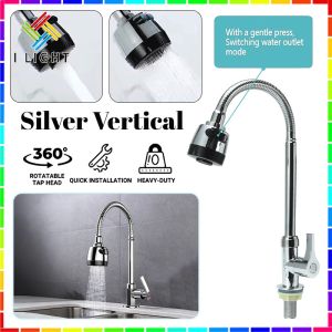 (Fast Delivery)360° Stainless Steel Faucet Flexible Spray Head Single Hole Cold Water Faucet Silver/Black Kitchen Balcony Sink Wall-Mounted Faucet