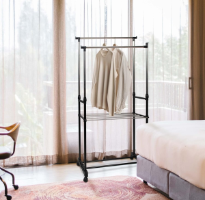 SG STOCK Stainless Steel Adjustable Clothes Rack Telescopic Wardrobe Double Pole Rack Organizer Shelves With Wheels R4708