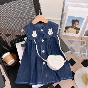 SABEELA - Dress Sheril Denim Bunny Bordir Lucu Korean Style Fashion Anak Perempuan Terbaru