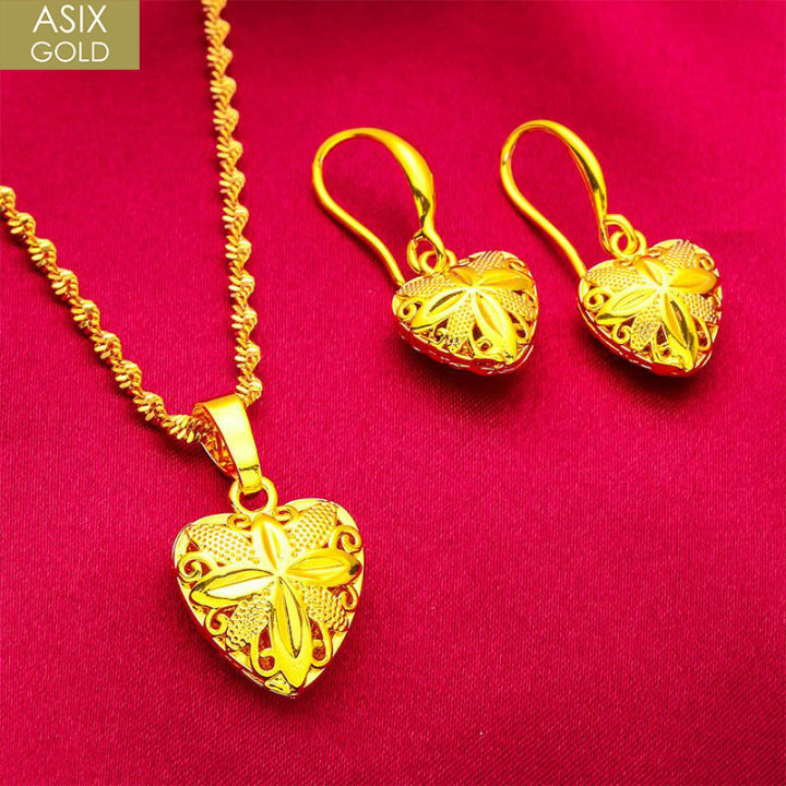ASIX GOLD Women's 18K Saudi Gold Heart Heart Necklace Earrings Set Elegant  Jewelry Gifts Lazada PH