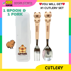 (READY STOCK) Set Sudu Garfu Sanrio Budak Sekolah Stainless Steel Spoon Fork Travel Cutlery Set Cute Lunchbox 三丽鸥儿童便携餐具盒