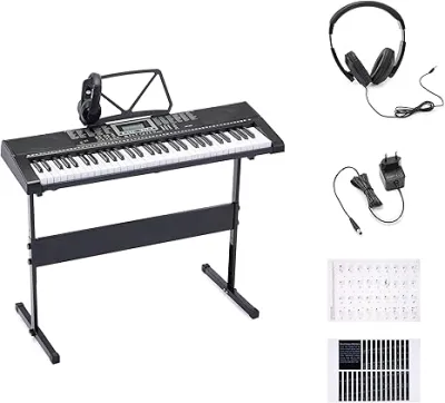 Basics 61-Key Portable Digital Piano Keyboard with Built-in Speakers & Demo Songs – UK Plug – Black