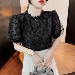 Women White Lace Blouses Summer 2026 Fashion Hollow Out Black Blusas Mujer Casual Korean Style Elegant Puff Sleeve Tops Vintage2026