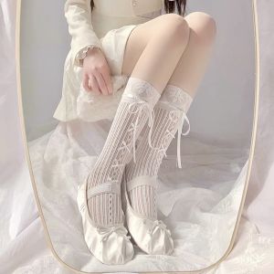 Dopamine vớ ba lê phụ nữ mỏng mùa hè Trắng ruy băng Ren Nơ bê vớ Nhật Bản JK rỗng ren sọc giữa vớ ống trung Mary Jane rỗng dây đeo bắp chân đống quần tất lưới