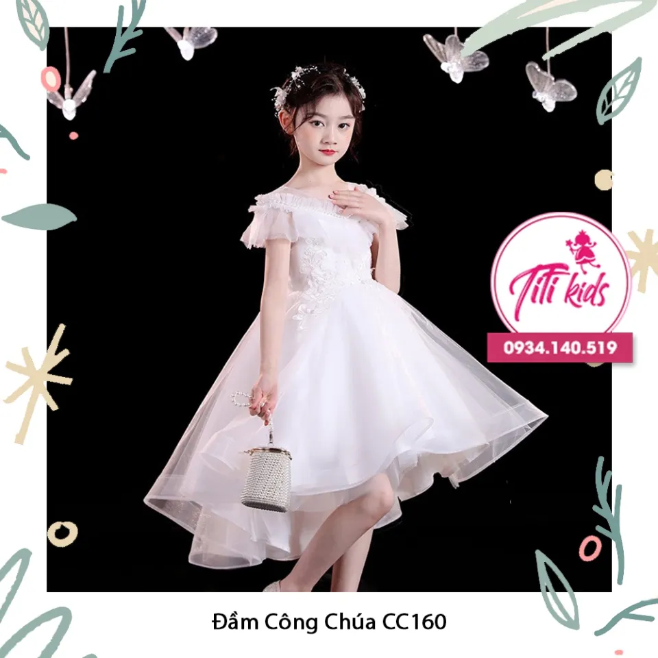 Đầm công chúa bé gái, váy công chúa màu trắng chất lưới đơn giản cực xinh