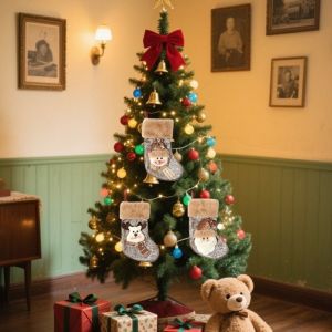 HULEQQI Plush Cuff Christmas Stocking Small Size Vintage Hanging Ornament Cozy Cartoon Santa Gift Bags Holiday Decorations
