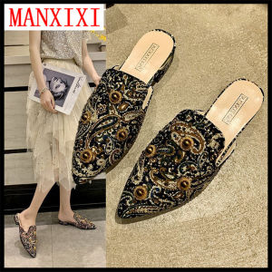 MANXIXI Brand Slippers Fashion Mules Shoes Beautiful Pearl Inlay Young Style Flat Sandals For Women (35-39 Size)