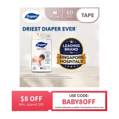 Drypers SuperDry Premium Tape Baby Diaper M 60s (6-11KG)