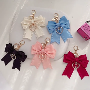 Trendy Bowknot Purse Keychain Charm Pearls Woman Bag Pendant Metal Fabric Texture for Handbags and Backpack Accessories