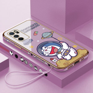 Phone Case OPPO A16 OPPO A74 5G OPPO A16s Oppo A9 2020 A5 2020 Oppo A7 A5s A3s Oppo A15 A15s Oppoa16 s Oppoa74 Case For Girls (Free Lanyard) Cartoon Doraemon Space Astronaut Square Edge Plated Phone Shell Plating Soft Case