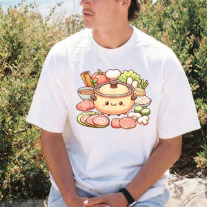 [Local Stock] VCC Kawaii Chinese Hot Pot Food Graphic Printed T-Shirt Cartoon Vegetables Meat Mushrooms Noodles Soup Tshirt Man Women Tees