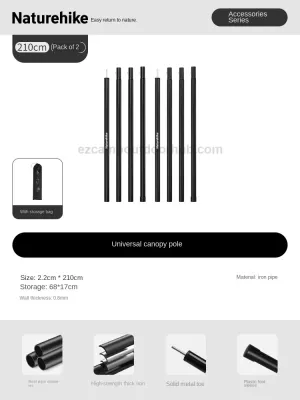 Naturehike 2pcs Universal Black Canopy Pole Set Portable Lightweight Multipurpose Awning Tent Tarp Canopy Rod Steel Iron 3/4 Section 1.5m 1.7m 1.9m 2.1m 2.4m Length For Outdoor Camping