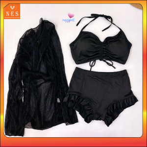 Đồ bơi nữ SENSEN Bikini tay dài kín đáo trẻ trung Bikini đi biển 3 mảnh quần đùi phối áo dây dạng yếm kem áo ngoài năng động QC002