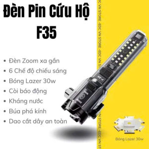 Đèn Pin F35 Led lazer siêu sáng - còi báo động - cắt dây an toàn - phá kính – sạc cho điện thoạiĐèn pin đa chức năng