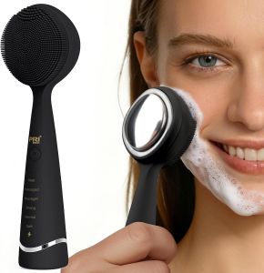 Bàn chải làm sạch da mặt nhẹ nhàng dùng hàng ngày để loại bỏ lớp trang điểm và dầu thừa.    Lông chải làm từ silicone mềm mại 5 chế độ rung và chức năng massage bằng nhiệt có thể điều chỉnh dụng cụ chăm sóc da có thể sạc lại thích hợp cho cả nam và n