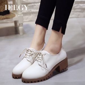 IELGY small leather shoes womens all-match college style thick-soled mid-heel chunky heel casual comfortable single shoes