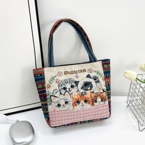 DINAH น่ารัก กระเป๋าถือสไตล์ชาติพันธุ์ ค.ท. แมวคิตตี้ กระเป๋าโท้ตปักลาย ทันสมัย รูปสัตว์ กระเป๋าผ้า ผู้หญิง