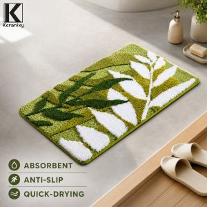 Green Leaf Plush Floor Mat Absorbent Anti Slip Quick Dry Soft Rug Bathroom Kitchen Doormat Entry Mat
