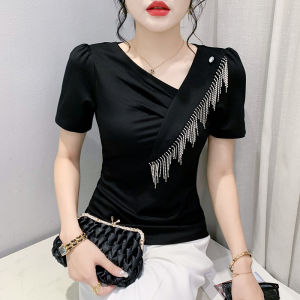 YIMEI Fashion Shoulder Badge Tassel White Top 2024 Summer Beautiful Guangzhou Womens T-shirt New Short Sleeve V-Neck T-shirt Cotton