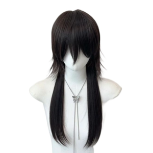 JON09 Synthetic Jellyfish Mullet Head Wigs Golden Black Anime Bangs Wolf Tail Hair Full Head Cover Layered Long Straight Wig Men and Women
