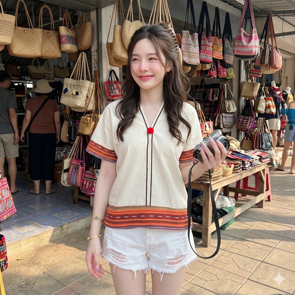 LANNA เสื้อผ้าฝ้ายคอวีหน้าหลัง แขนลวดไหล่ แต่งผ้าทอนากา ทรงหลวมสบาย คละสี มุมมองที่ 7
