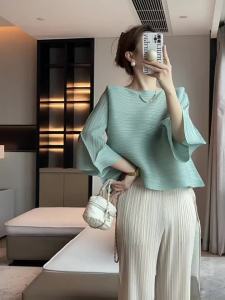 92185 Sanzhai Pleated Autumn Bell Sleeve Round Neck Loose Slimming Top 45-75kg T-Shirt