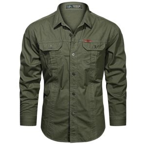 Spring Cotton Cargo Shirt For Men Long Sleeve Multi-Pocket Shirts Outdoor Casual Colthing Militar Overshirt