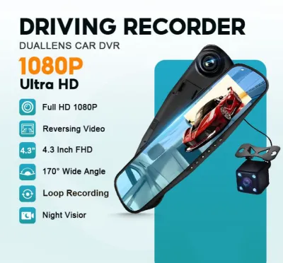 Full HD 1080P Car Video Camera with Dual Lens dashcam for Vehicles Front & Rearview Mirror Car DVR Dash Cam with Reverse Parking System Mirror Video Rear Cam with LED dashcamera for car