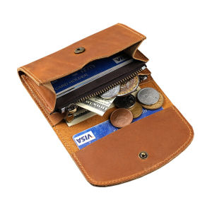 Retro Crazy Horse Leather Small Zipper Pouch Compact Lid Button Coin Key Wallet Pocket Money Bag
