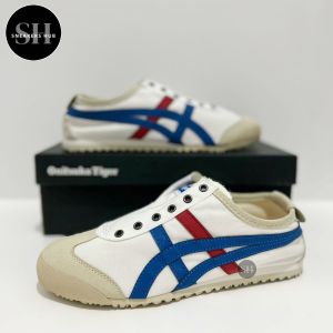 Sepatu 0nitsuka Tiger Slip On White Blue Red Free Paperbag