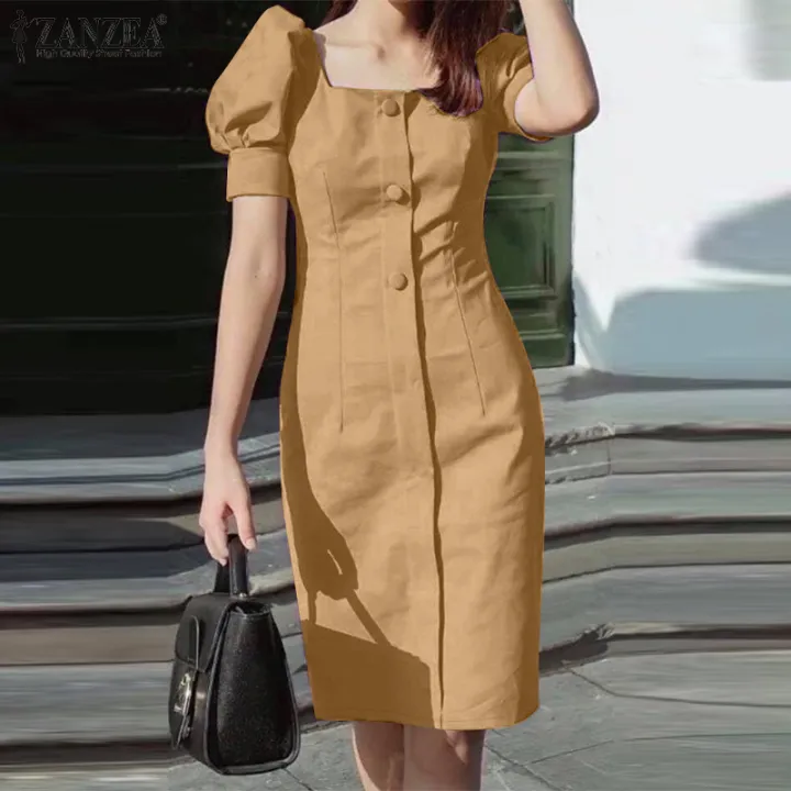 ZANZEA Womens Elegant Square Neck Puff Sleeve Knee Length Dress Temperament  Button Decor Bodycon Dresses #1028 Casual Polyester Dress Multiple Color  Options Dress - Lazada | Lazada PH