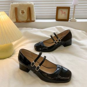 ONEW Korean Fashion Patent Leather Mary Jane High Heels Student Shoes women  BLACK RED 4CM