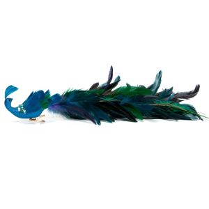 YERZ with Clip Christmas Tree Pea Decoration Simulation Glittered Bird Hanging Ornament Realistic Artificial Long Pea Tail Turquoise Bird Pendant Prop