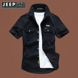 JEEP SPIRIT 1941 ESTD ฤดูร้อนแขนสั้นใหม่เสื้อเชิ้ตลำลองเสื้อเชิ้ตลำลองหลวมสำหรับผู้ชายเสื้อเชิ้ตทำงานบาง