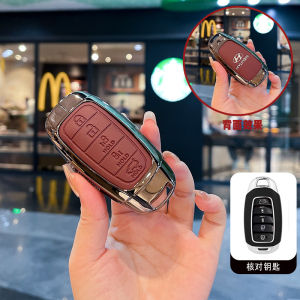 Genuine Leather Gray Zinc Alloy Smart Remote Car Key Fob Shell Case Cover Holder Chain Buttons Protector Keychain Bag For Hyundai Accent Elantra Avante Palisade Santa Fe Kona Venue Custin