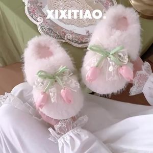 XIXITIAO Indoor Cotton Slippers Comfortable Tulip Lace Furry Shoes Winter ins Womens Casual Home Closed-Toe Cotton Slippers