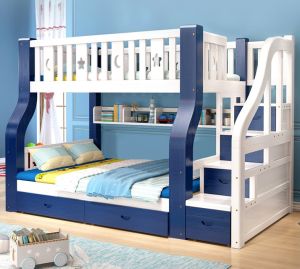 Solid Wood Double Decker Bunk Bed With Ladder Cabinet For Kids Family Parents 150x130CM Bunk Bed Kanak Kanak Katil Atas Bawah FREE Tilam Drawer High Low Bed (21-28 Days Delivery)