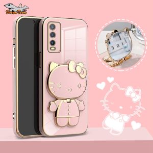 Luxury Silicone Soft Case For VIVO Y20i Y20s Y20sG Y12s Y12a V2026 V2027 V2029 V2032 V2033 V2038 V2039 V2042 V2043 V2048 V2069 V2102 1904 1940 1902 1901 1915 1938 1609 1713 1724 1801 1850 1716 1814 1815 Smooth Plating KT Cat Makeup Mirror + Free Stand