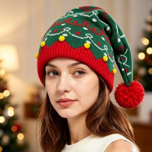 OKKFINE with Plush Ball Christmas Elf Knitted Hat Warm Crochet Xmas Baby Beanie Knit Hat Handmade Christmas Tree Santa Hat Adults Children