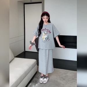 [ Hot Sale Items ] Chinese Shipment Internet Celebrity Style 2025 Summer New Thin Printed T Maternity Two-Piece Set for Women Fashionable Outerwear and Skirt k1