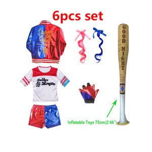 Halloween Harley Quinn Costume Cosplay Suicide Squad Kids Girls Embroidered Jacket T-shirt Shorts inflatable baseball bat Set