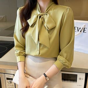 Tianshun Boutique Womens Solid Blue Green White Apricot bowknot Neck Chiffon Top 0L Casual Long Sleeve Fashion Korean Version Shirt