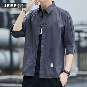 JEEP SPIRIT แจ็กเก็ตผู้ชายเสื้อผ้าฝ้ายทรงหลวมลำลองแขนเจ็ดส่วนอินเทรนด์ไซส์ใหญ่ฤดูร้อน