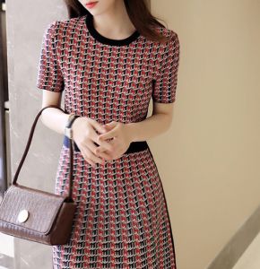 ELF TRIBE New French Retro Small Fragrance Contrast Color Houndstooth Ice Silk Knitted Dress for Women
