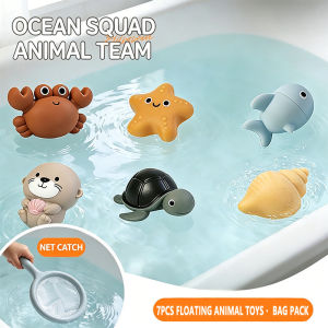 Toddler Bathtub Play Toy Set 7Pcs Floating Soft Rubber Ocean Animals with Fishing Net 2 Style Animal Figures