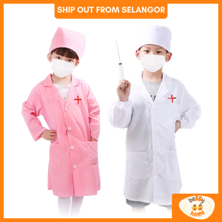 Bebby Home Doctor Nurse Uniform Costume Pretend Play Cosplay Costume White Pink Uniform Baju